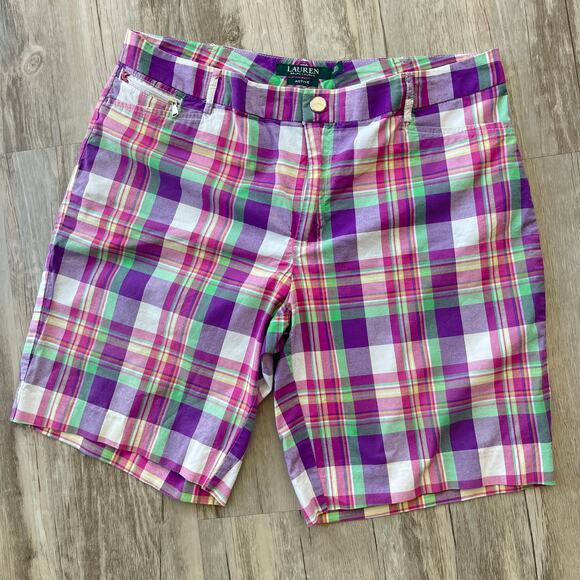 Ralph Lauren Active Women Golf Shorts Sz 10 Purple Plaid Madras Stretch Preppy - Picture 1 of 8